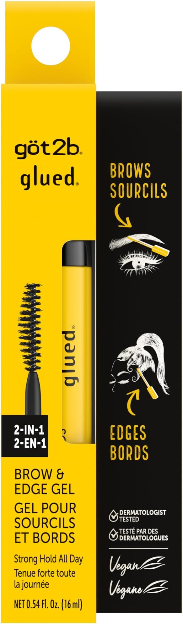 Glued 2-in-1 Brow Gel & Edge Control, 0.54 Fl Oz, Strong Hold Styling Eyebrow Gel and Hair Mascara for Flyaways and Frizz with Castor Oil, Sweat-Resistant with Quick Dry, Clear Finish