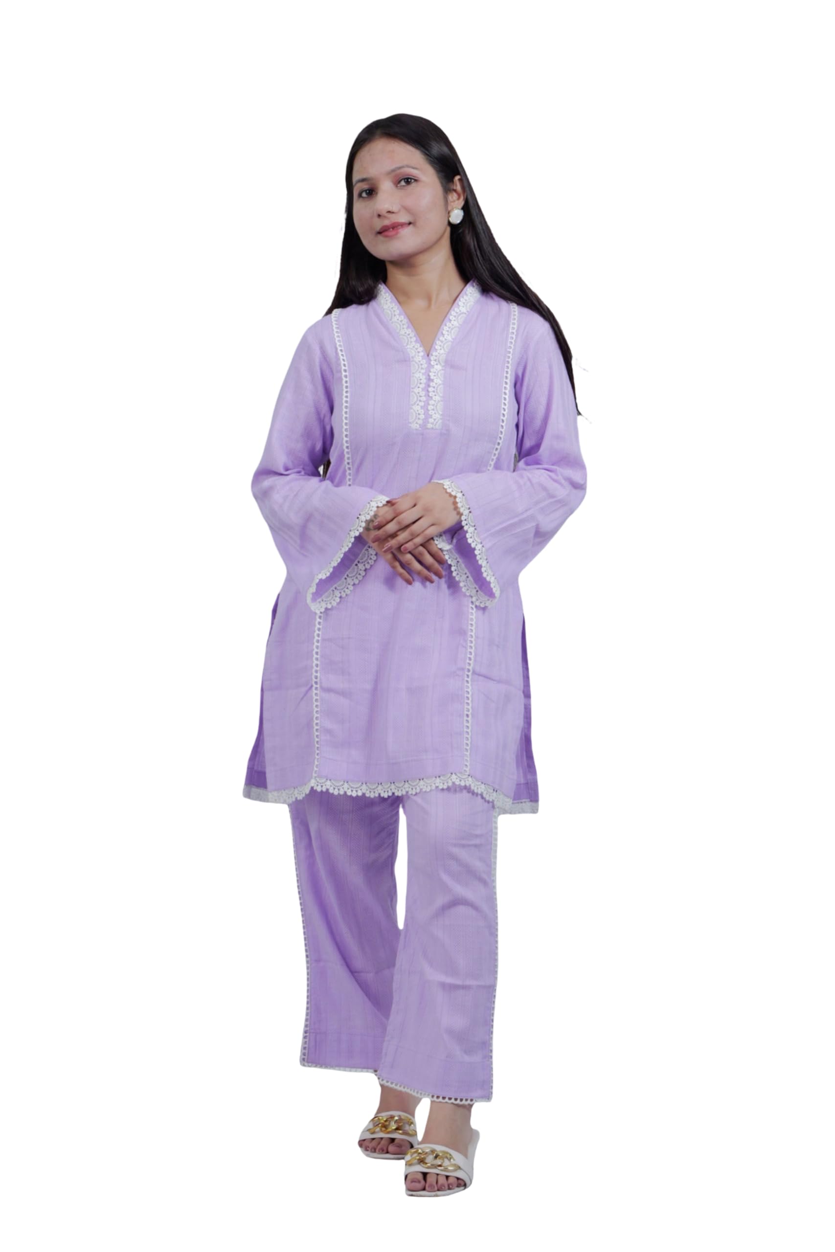 jagriti chauhan designer couture Jagriti Chauhan Lavender Co-ord Set for Women, Cotton Blend, Collar Neck with Lace, Flary Sleeves, Matching Pant-picture-14