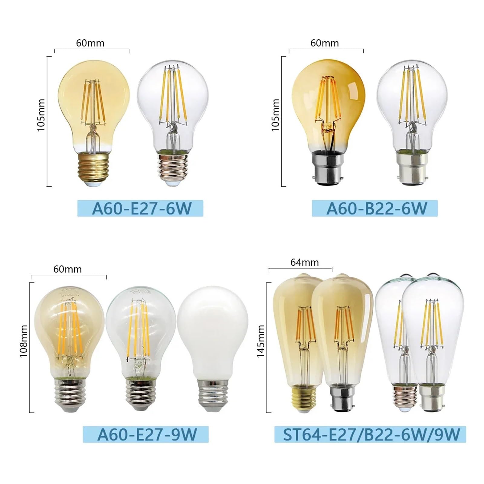 Genérico Bombillas de filamento LED E14 E27 6 piezas en lámparas retro G80/G95/G125-4W/9W, 220V, 2200K 3000K 4000K