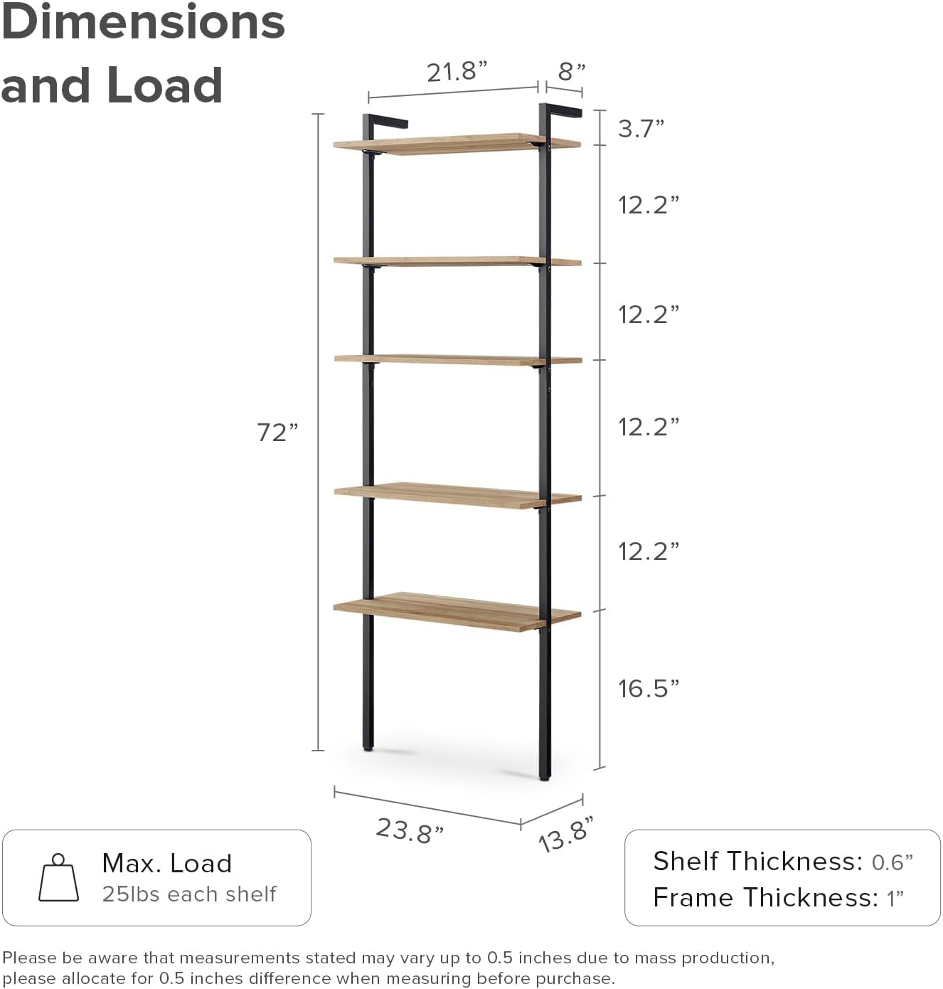mopio Norwin Ladder Book Shelf, Wall Bookshelf, Farmhouse Industrial Bookcase, Narrow Slim Organizer Display Shelves, Living Room, Bedroom (Ladder Shelf Full Set, Single)