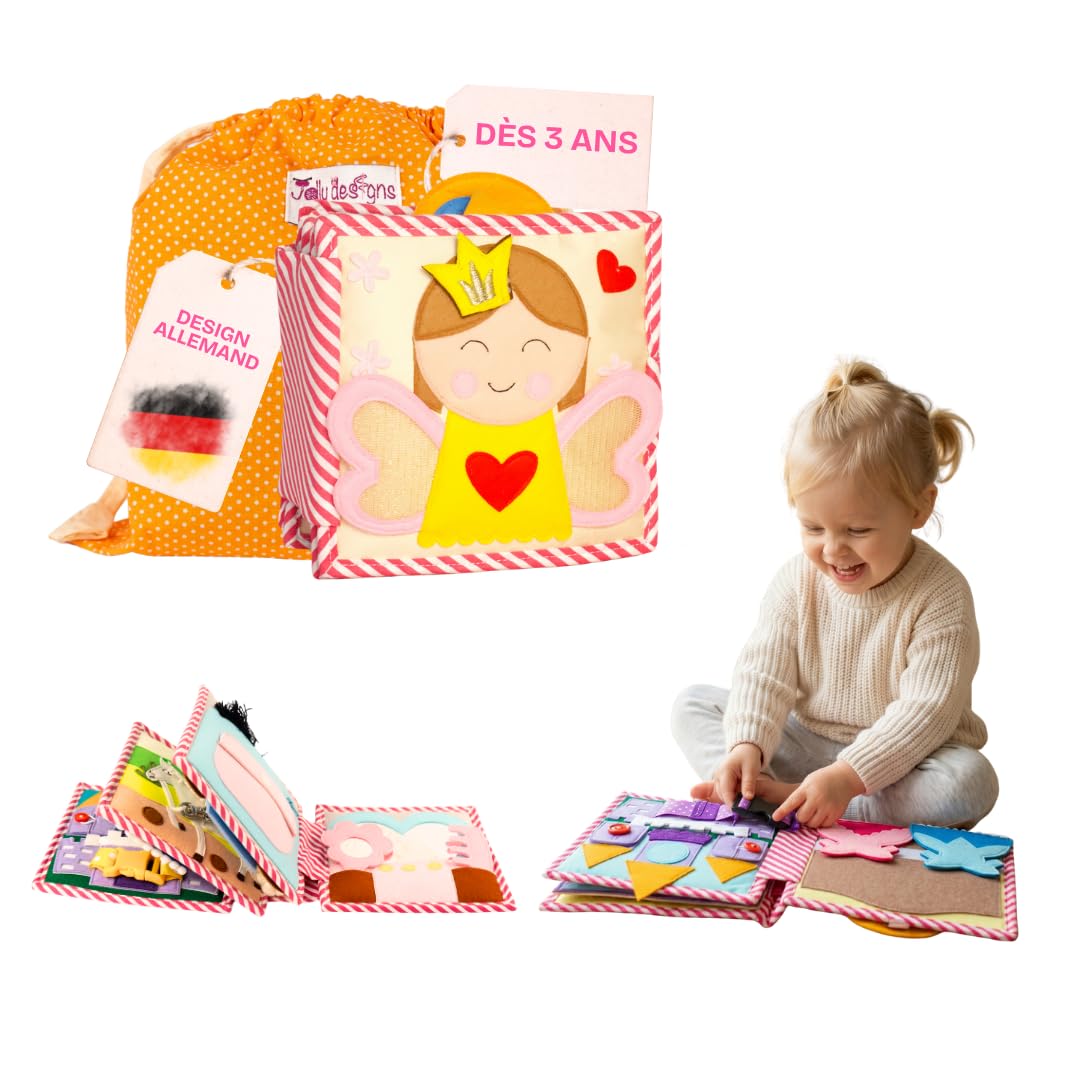 Jolly Designs Mini Quiet Book Petite Princesse - Jouet Montessori à partir de 36 mois - Livre sensoriel en tissu pour enfants - Fait main avec 6 pages d'activités - Jouet éducatif et jouet de voyage