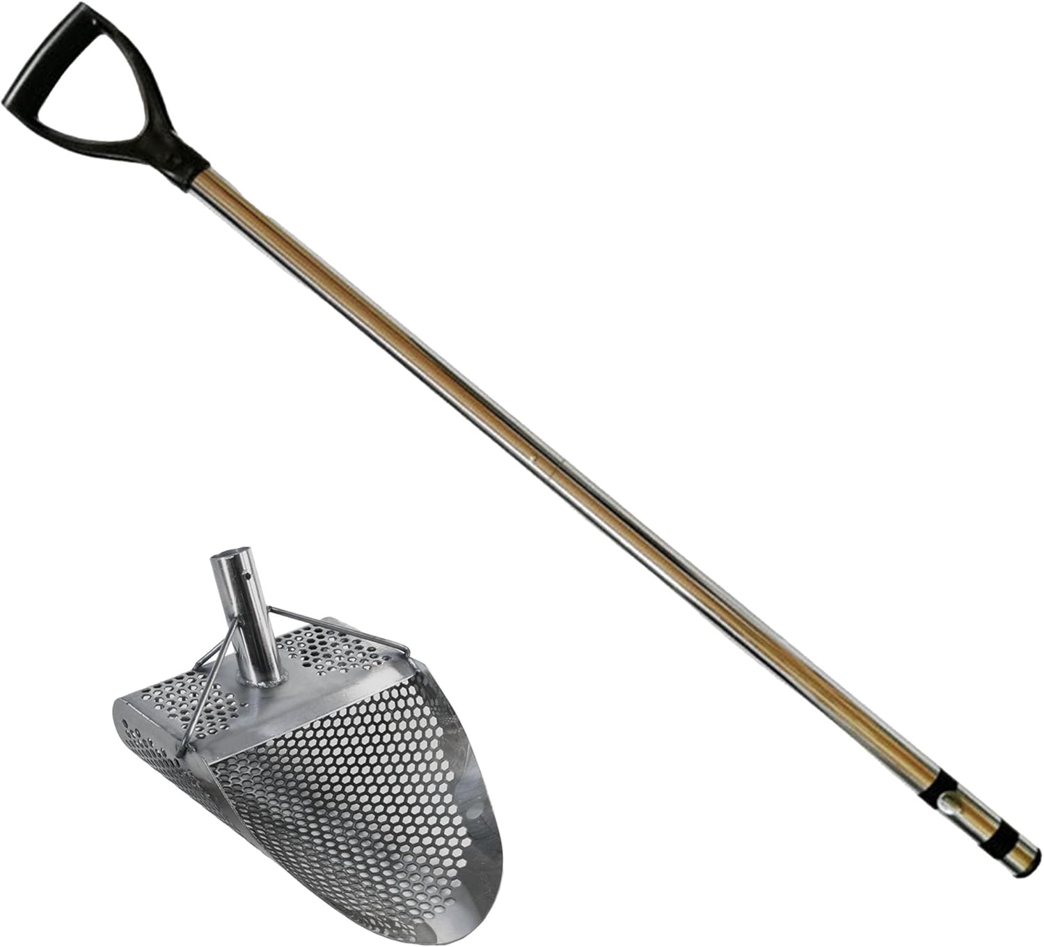 Dune Kraken 11" x 8" Stainless Metal Detector Sand Scoop w/Sm Hexagon Holes and Dune Large & Strong Collapsible Stainless Steel Handle Universal Pole