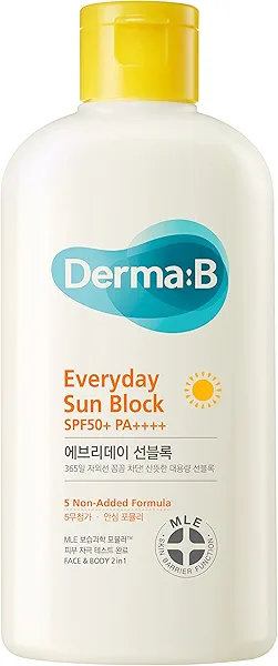 Derma B Everyday Sun Block Large Size Sunscreen SPF50+ PA++++ 6.71 Fl Oz, 200ml Fast-Absorbing Lightweight SPF Moisturizer, Facial Body Non-Sticky for Dewy Skin, Korean Protection Lotion