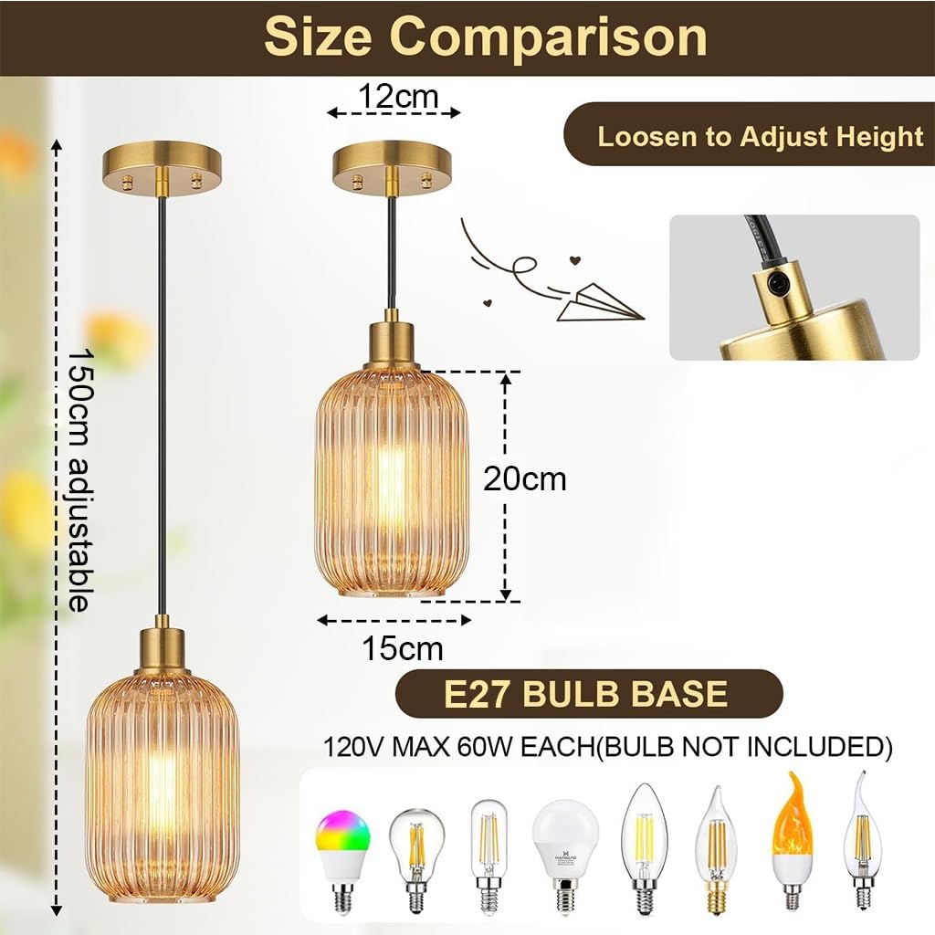 Retro Lampa Wisząca Do Jadalni, Klosz Kolorze Bursztynowym, Podwieszana Kolorze Postarzanego Brązu Gniazdem E27 Styl Industrialny Regulacją Wysokości Idealna Wysp Kuchennych Kawiarni Salonów