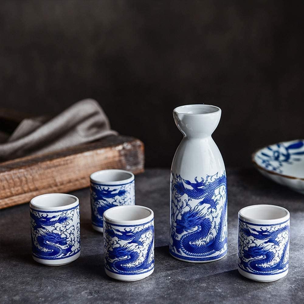 Sake Wine Set, Wine Glass,5 Piece Sake Set, Ceramic Wine Glass Set, SsangYong Pattern Design Crafts Cups, for Cold/Warm/Shochu/Tea, Family and Friends Sake Set for Gift,Wine Bowls