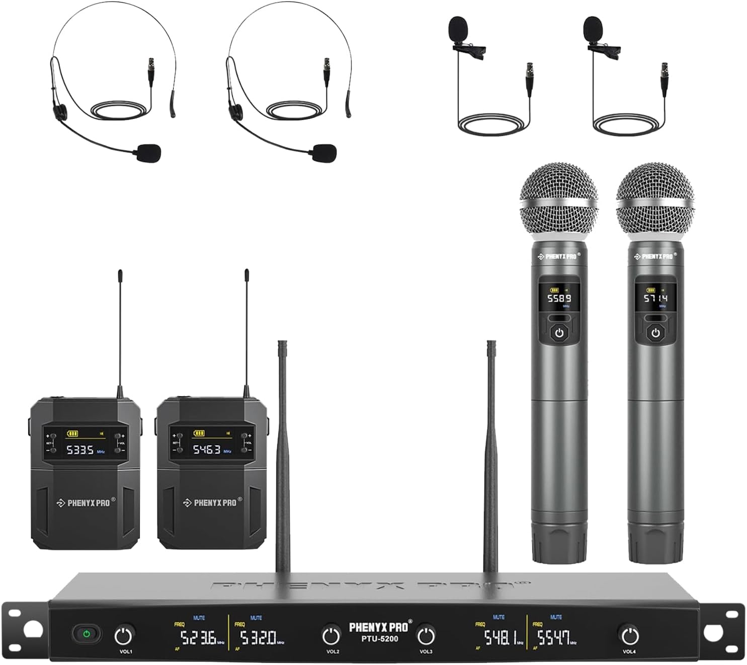 Wireless Microphone System, 4-Channel Wireless Mic Set with Handheld/Bodypack/Headset/Lapel Mics, Cordless Mic for Singing, Karaoke, Church (PTU-5200B)