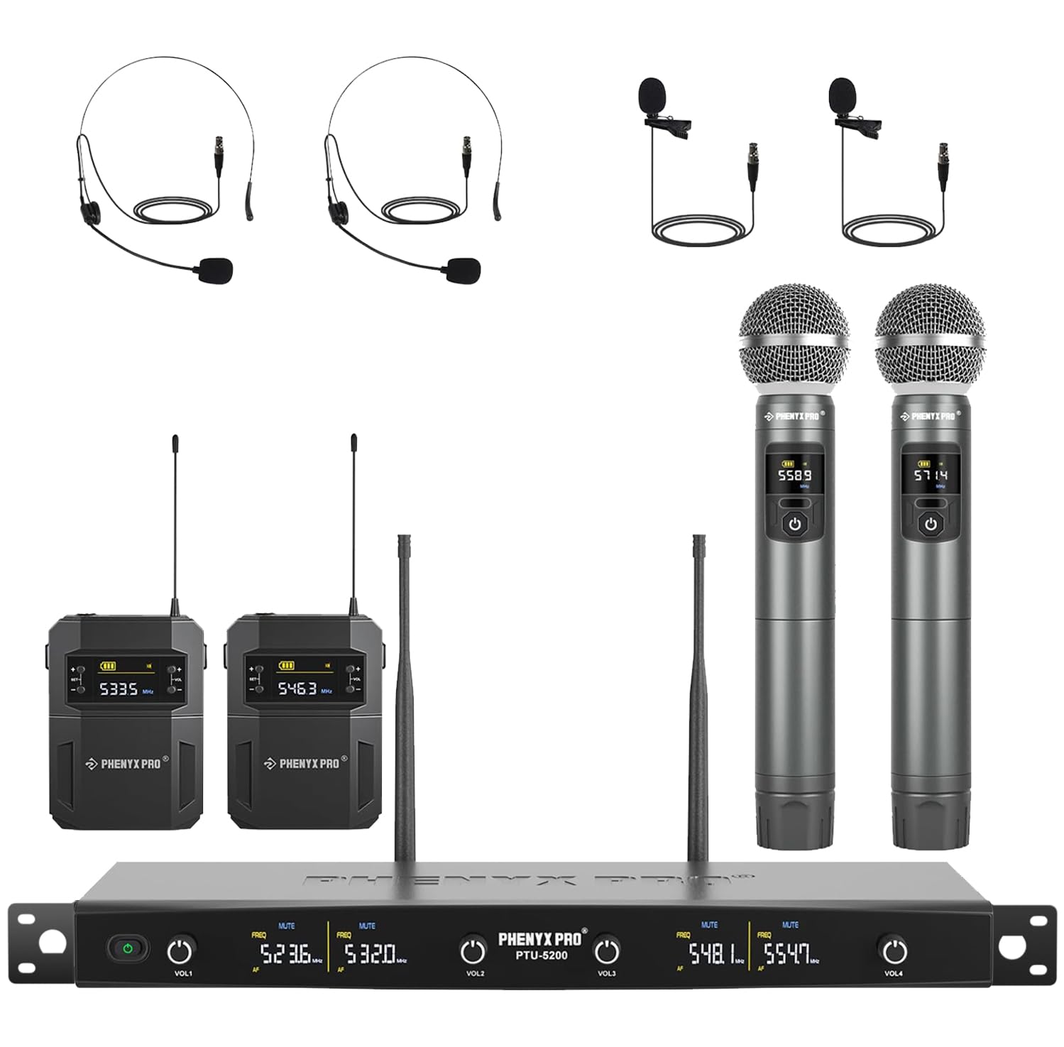 Phenyx Pro Wireless Microphone System, 4-Channel Wireless Mic Set with Handheld/Bodypack/Headset/Lapel Mics, Cordless Mic for Singing, Karaoke, Church (PTU-5200B)