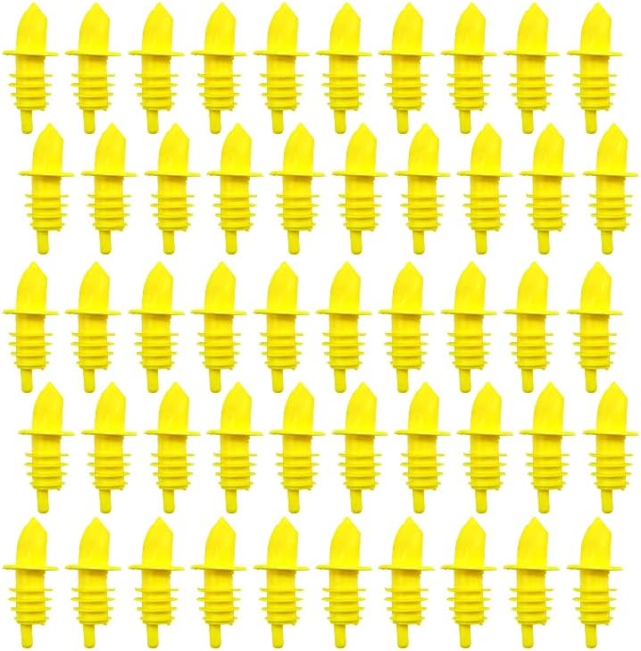 50 Pack Plastic Liquor Bottle Pourer (Yellow), Free Flow Tapered Spout Pourer for Shaved Ice Snow Cone Syrup Liquor Juice Salad Dressing for Restaurant Bar Pub Coffee Diner