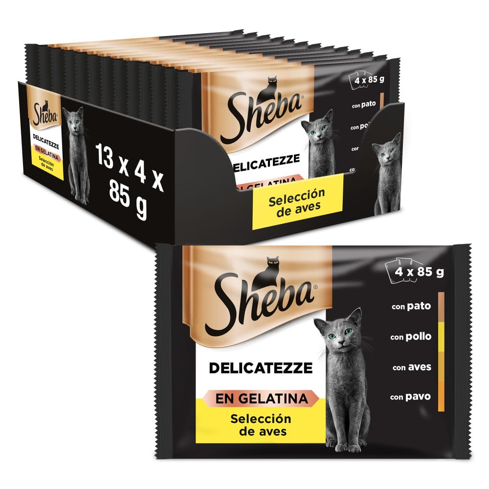 Sheba Delicatezze Comida Húmeda para Gatos, Selección de Aves en Gelatina, Pescado, Multipack (13 cajas x 4 sobres x 85 g)