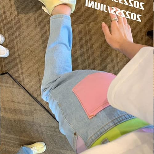 Calça Jeans De Jeans De Cintura Alta Calça Jeans Lavagem De Calças Retas Vintage Para Meninas (Color