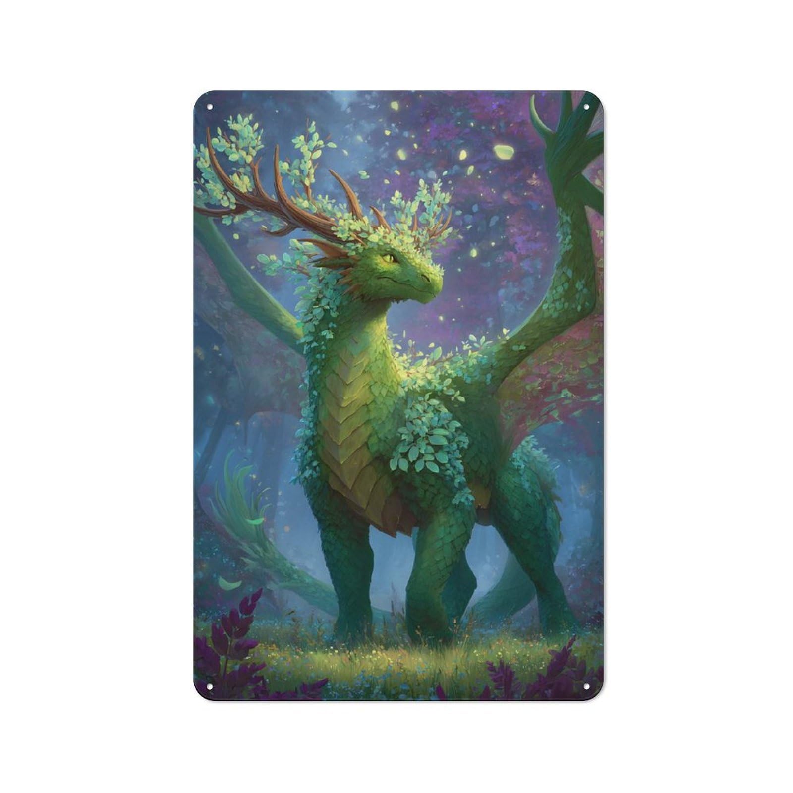 Junmoney Style-20 Leafy Green Dragon In Enchanted Forest Industrial-Style Tin Sign 30X20cm For Café Or Home Bar, For Cooler-Month Interiors With Industrial Character