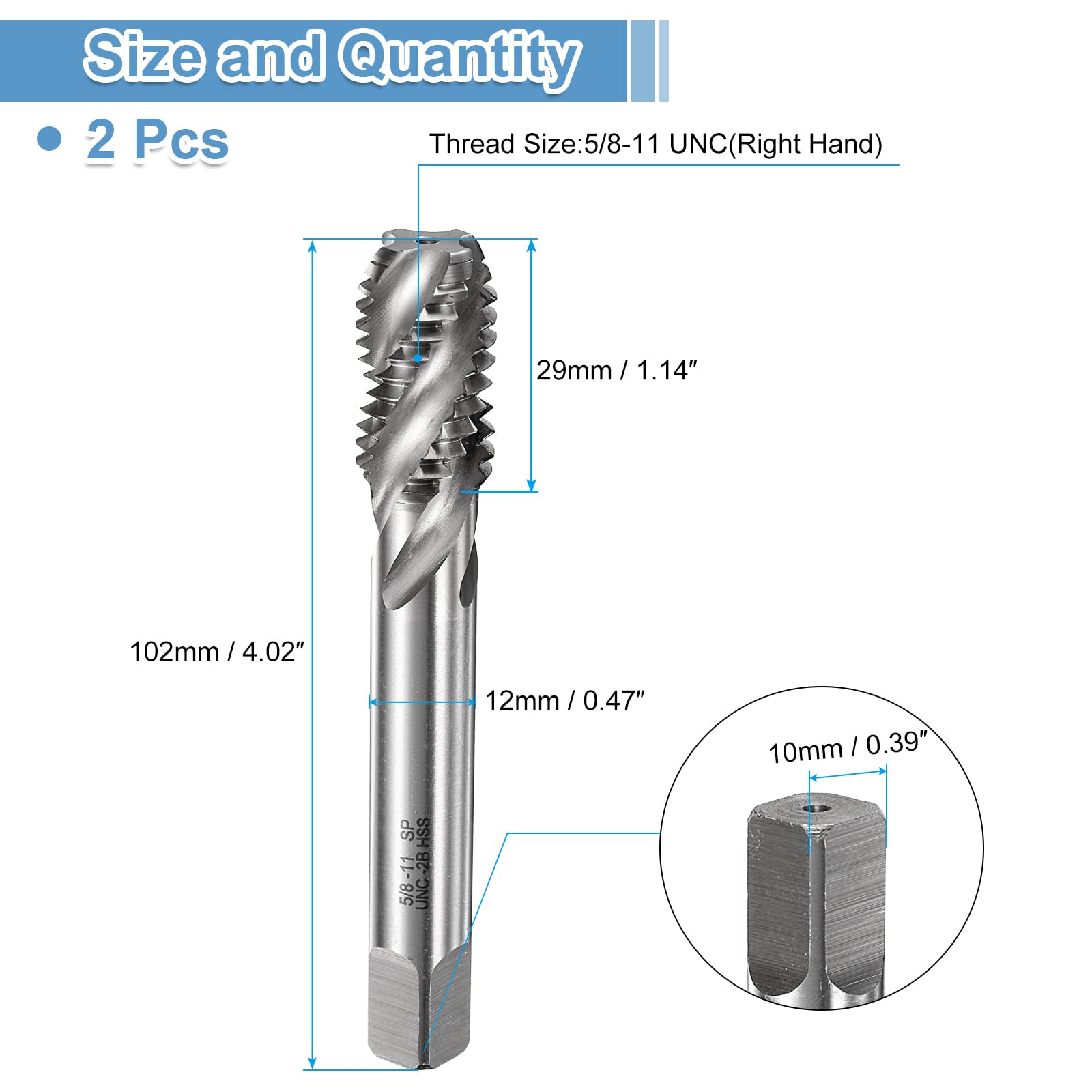 uxcell 2pcs Spiral Flute Thread Taps 5/8-11 UNC 2B Machine Threading Tap Bit, Uncoated Screw Tapping Repair Tool, M2 High-Speed Steel (HSS)