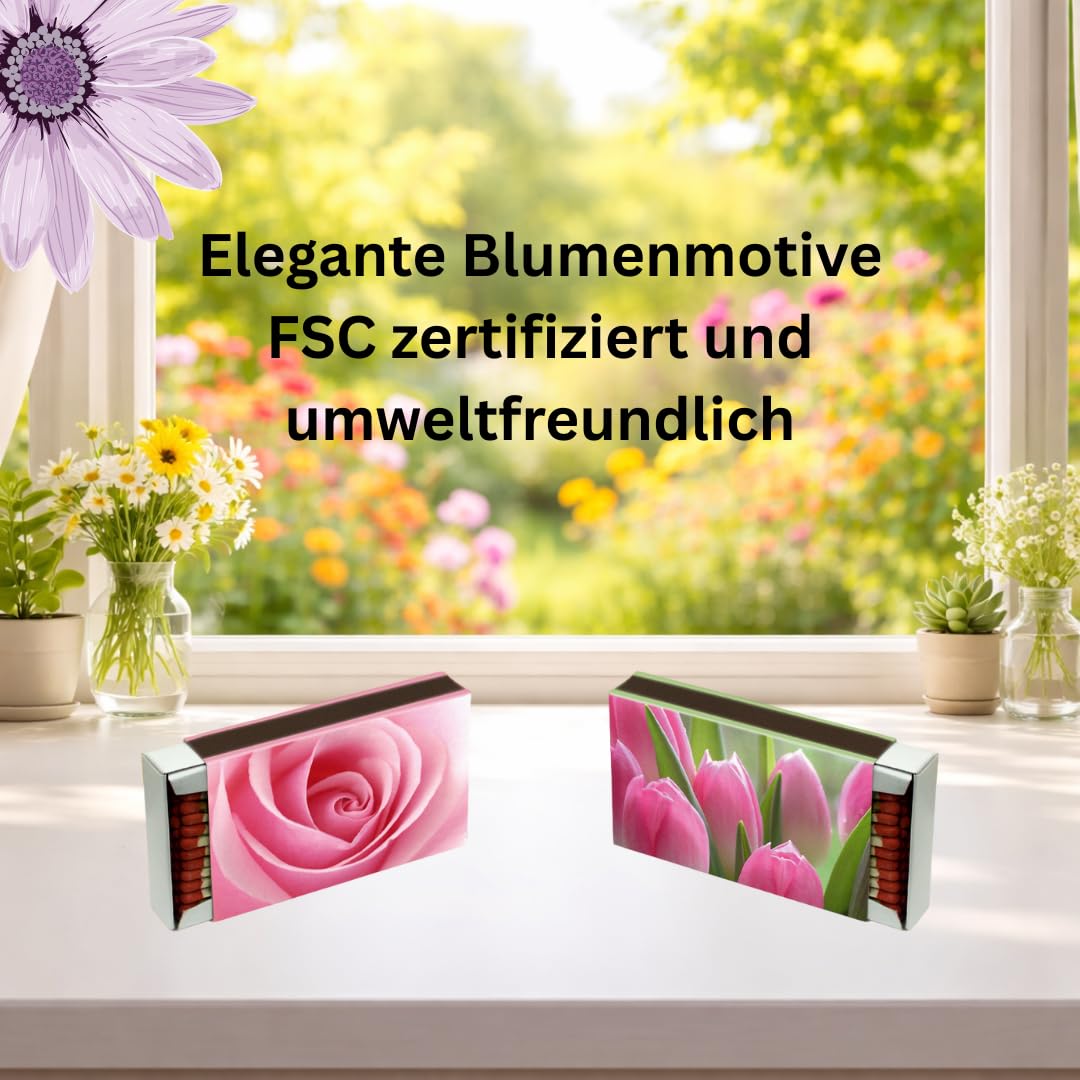 Camino 24 boîtes d'allumettes XXL 10 cm Motifs Fleurs, boîte d'allumettes pour Barbecue, cheminée, poêle, Bougies, allumettes de sécurité Motifs Fleurs Allumettes de Lance