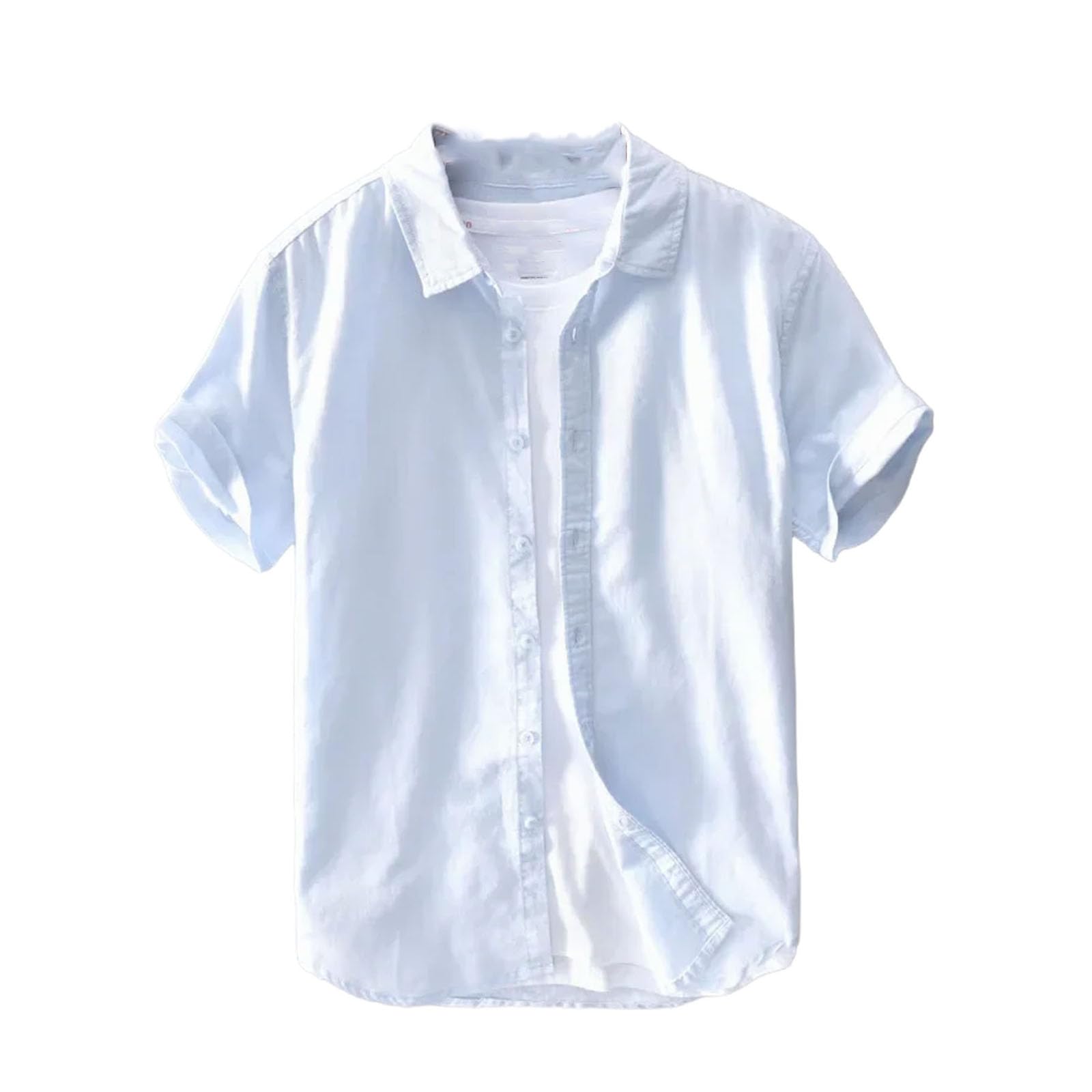 Camicie a maniche corte in lino di cotone per gli uomini casual moda gialla girare giù collare top