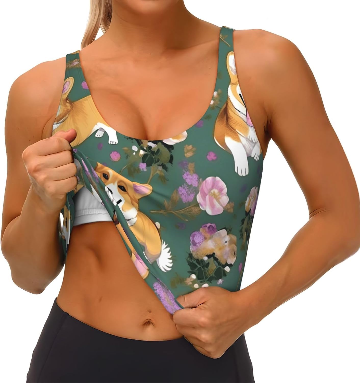Corgi Floral Flowers Print Women's Sports Vest Breathable for Yoga Running Gym Athletic Casual Sleeveless Top