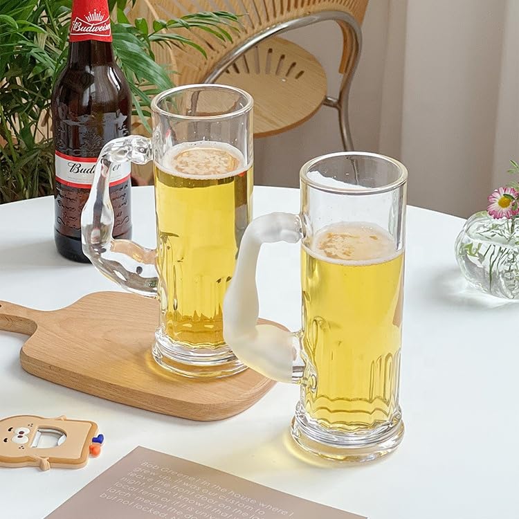 Avastro Italian Premium Muscleman Beer Mugs - 600 ML Clear Glass with Unique Muscle Handle Shape - Jumbo Size Drinking Mug Pack of 2 4