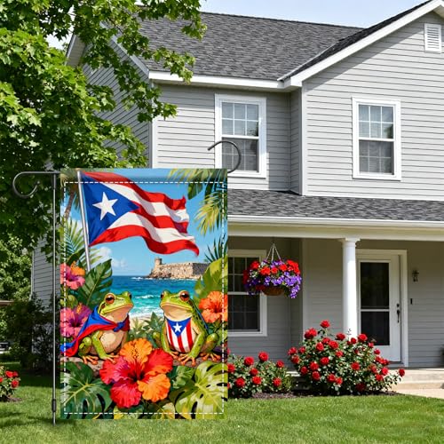 Image of Nuxovilar Puerto Rico Frogs Garden Flag 12x18 Inches Polyester | Puerto Rico Flag Frog Banner coqui frogs ornament holiday photo sign yard patio garden (Coqui Sea)