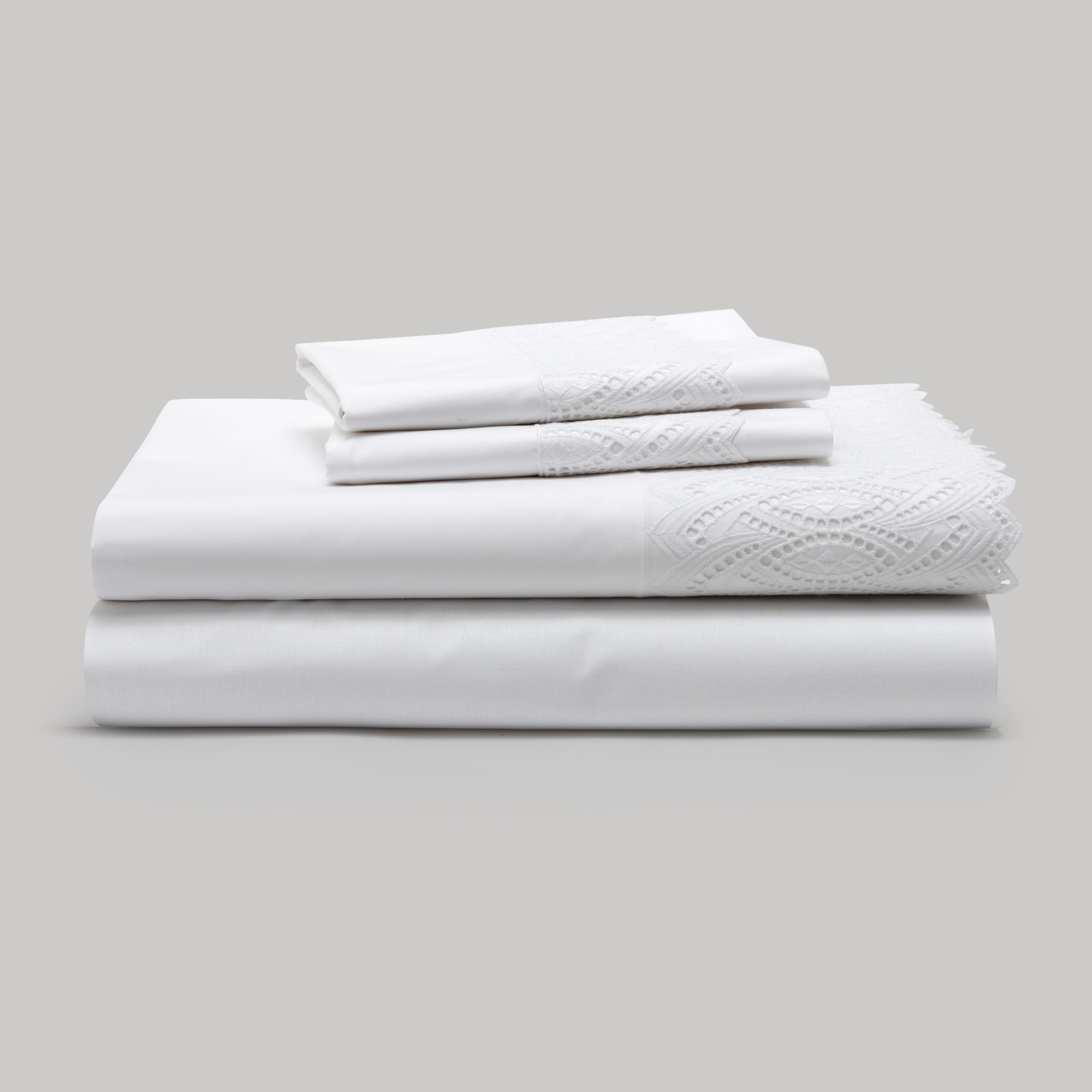 Sábanas Blancas Bordadas para Cama de 150 - Sábanas de Algodón 200 Hilos Elka - Sábana Encimera, Sábana Bajera Ajustable y Funda de Almohada