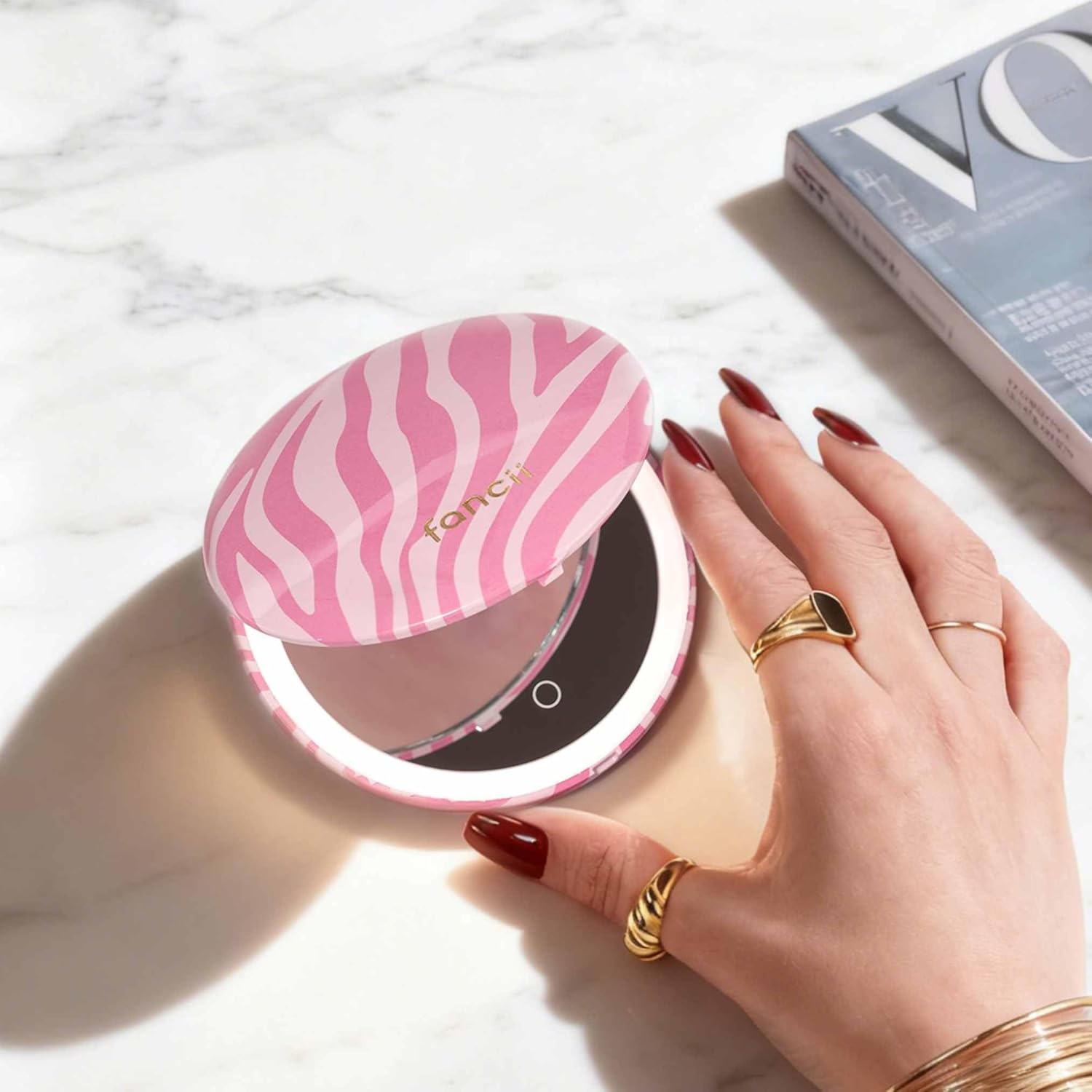 Fancii Mini Taylor Compact Magnifying Mirror with LED Light, 10x/1x, Rechargeable, 3 Light Settings, Dimmable - Small Lighted Travel Handheld Mirror for Pocket, Handbag, Purse, 2-Sided (Blush Zebra)