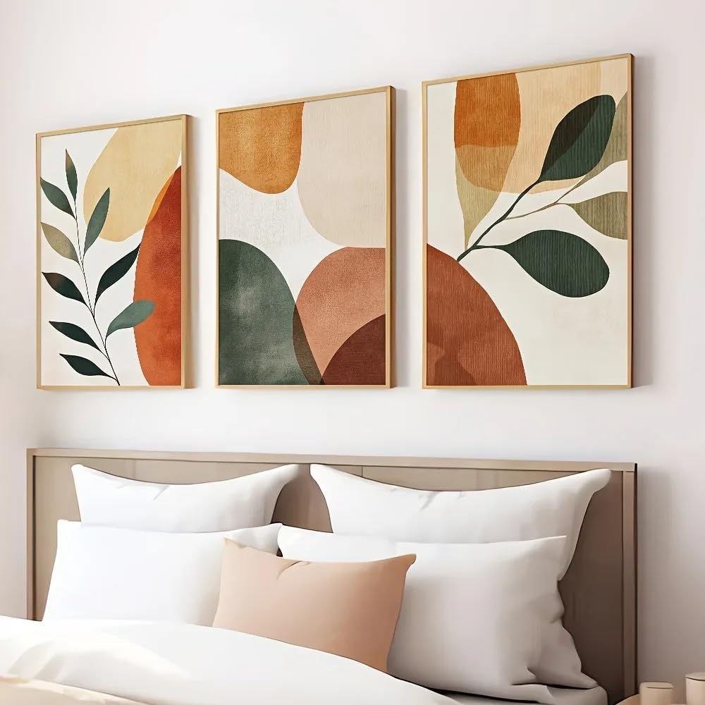 Dittelle Frameless Bohemian Botanical Geometric Canvas Printing, With The Largest Earthy Tones And Abstract Shapes, Living Room Decor(60X80cm/3Pcs )