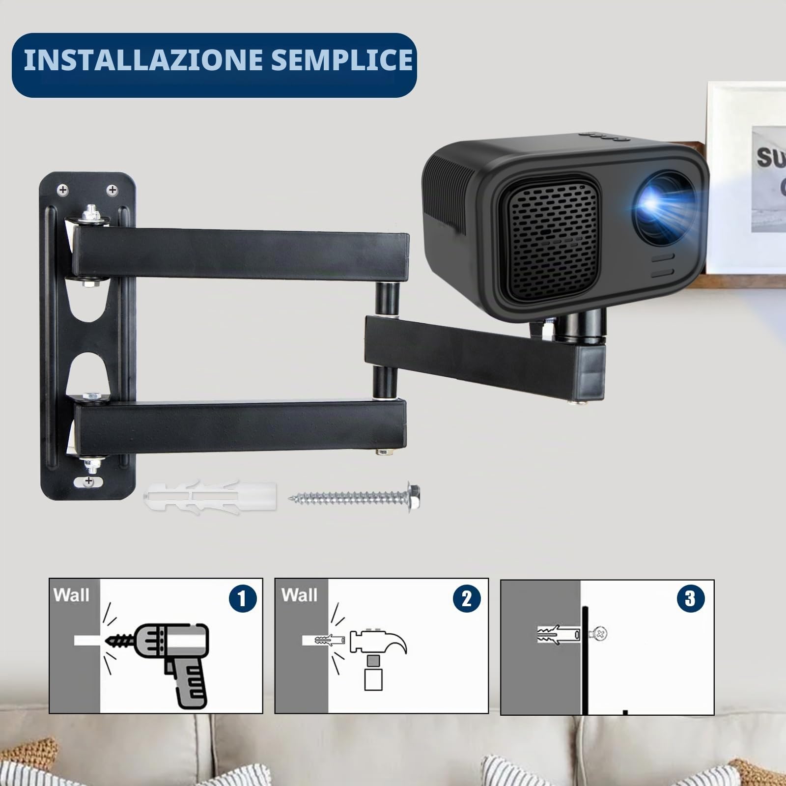 Supporto A Muro Per Proiettore | Braccio Articolato 35cm | Carico 3kg | Vite 1/4" | Angolo Regolabile 90°