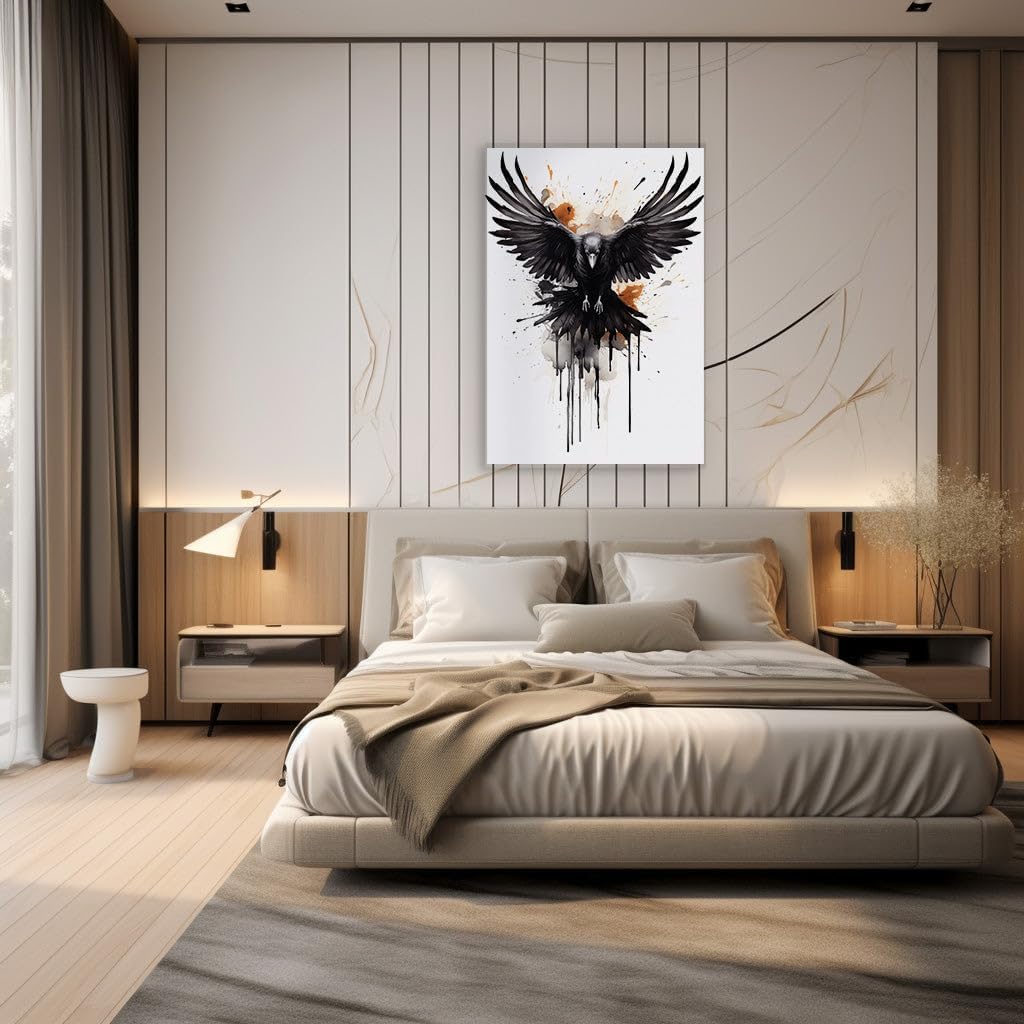 Canvas for Living room. Majestic Flight of the Raven - A Digital Art Journey into Mystery and Power, 27 x 18 inch Canvas Wall Art - Contemporary Masterpieces - Modern Home Decor
