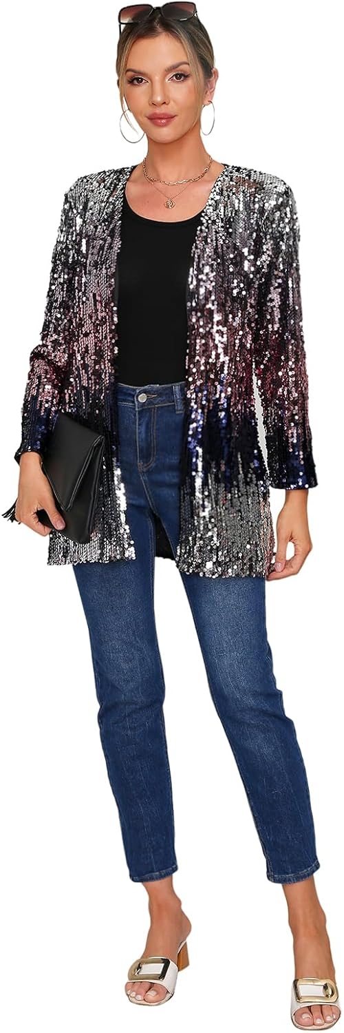 Women's Sequin Jacket Long Sleeve Open Front Blazer Glitter Sparkly Coat Party Casual Cardigan - Image 4