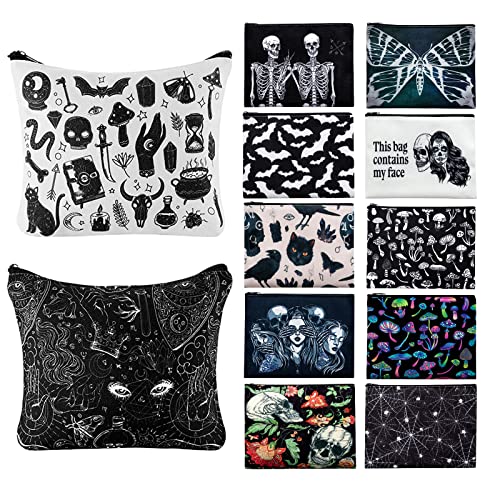 Amylove 12 Pieces Goth Makeup Bag Bat Skull Cosmetic Bags Gothic Purse Canvas Goth Gifts Gothic Zipper Travel Makeup Bag Goth Portable Makeup Organizer Travel Pouches for Women