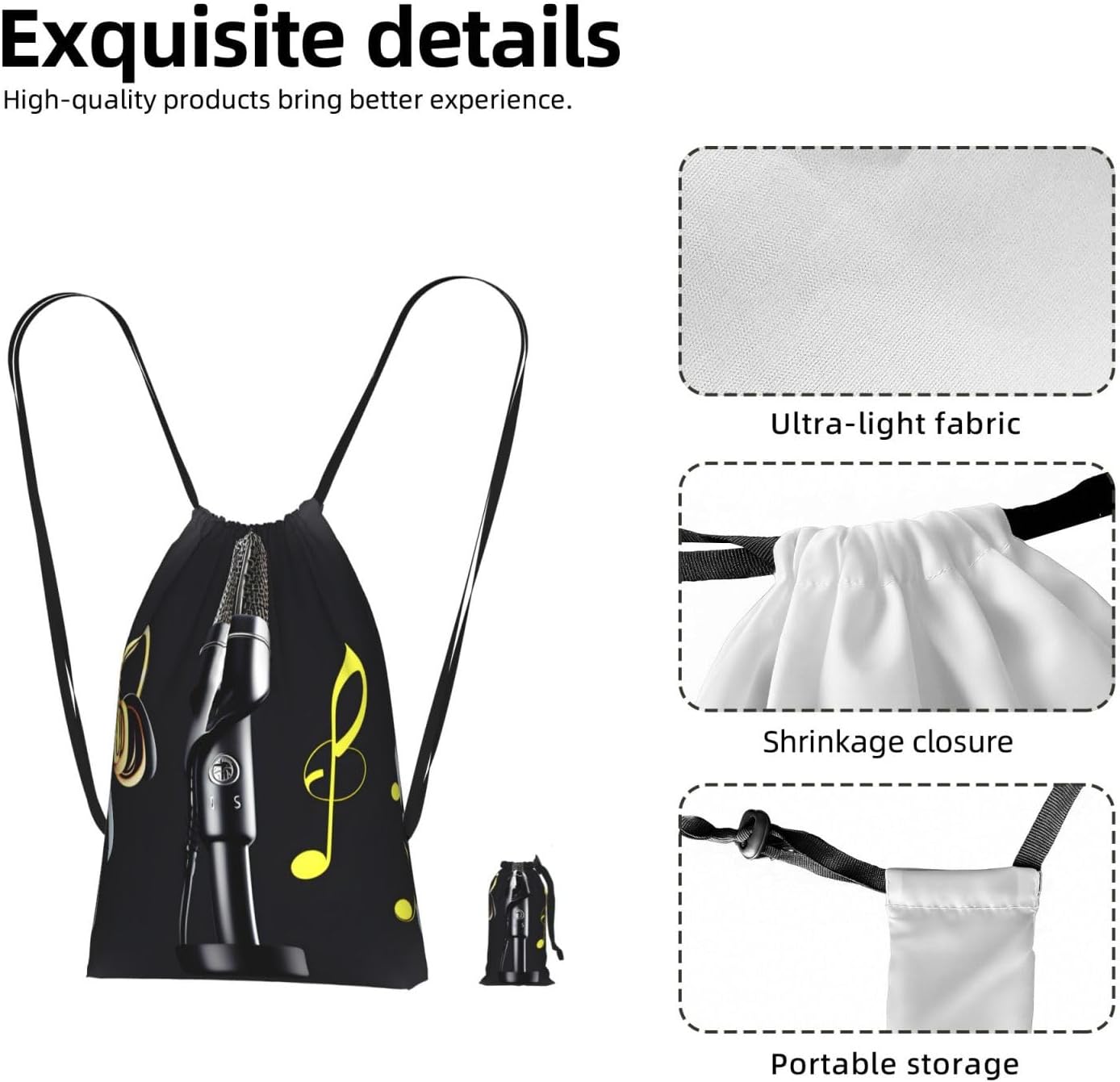 Microphone With Music Notes Print Foldable Drawstring Backpack Lightweight Gym Bag Travel Backpack Cinch Sack For Beach Hiking image 3