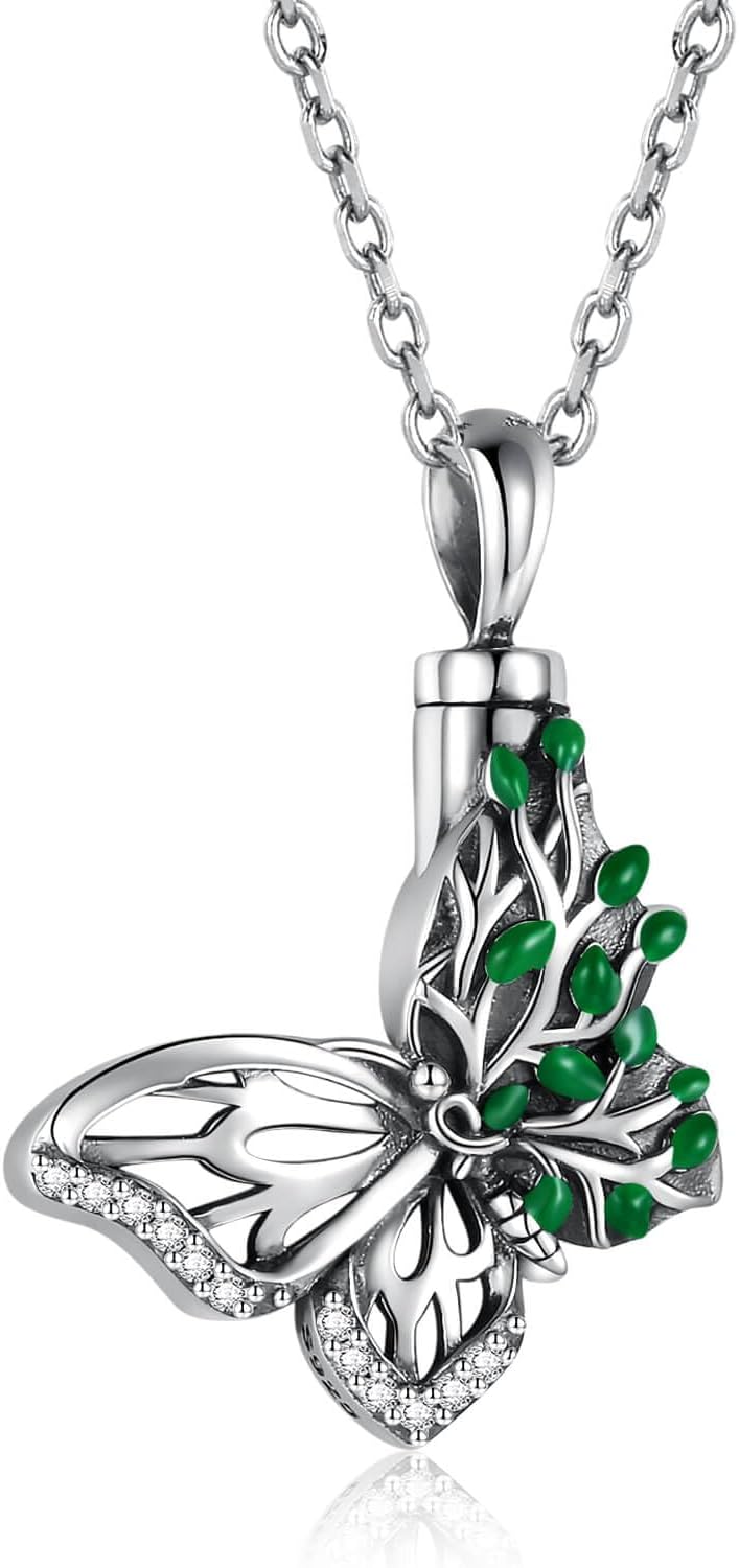 APOTIE Silver Butterfly Sunflower Urn Necklace - S925 Butterfly Ashes Keepsake Cremation Jewelry Memorial Gifts for Women Loss Loved One