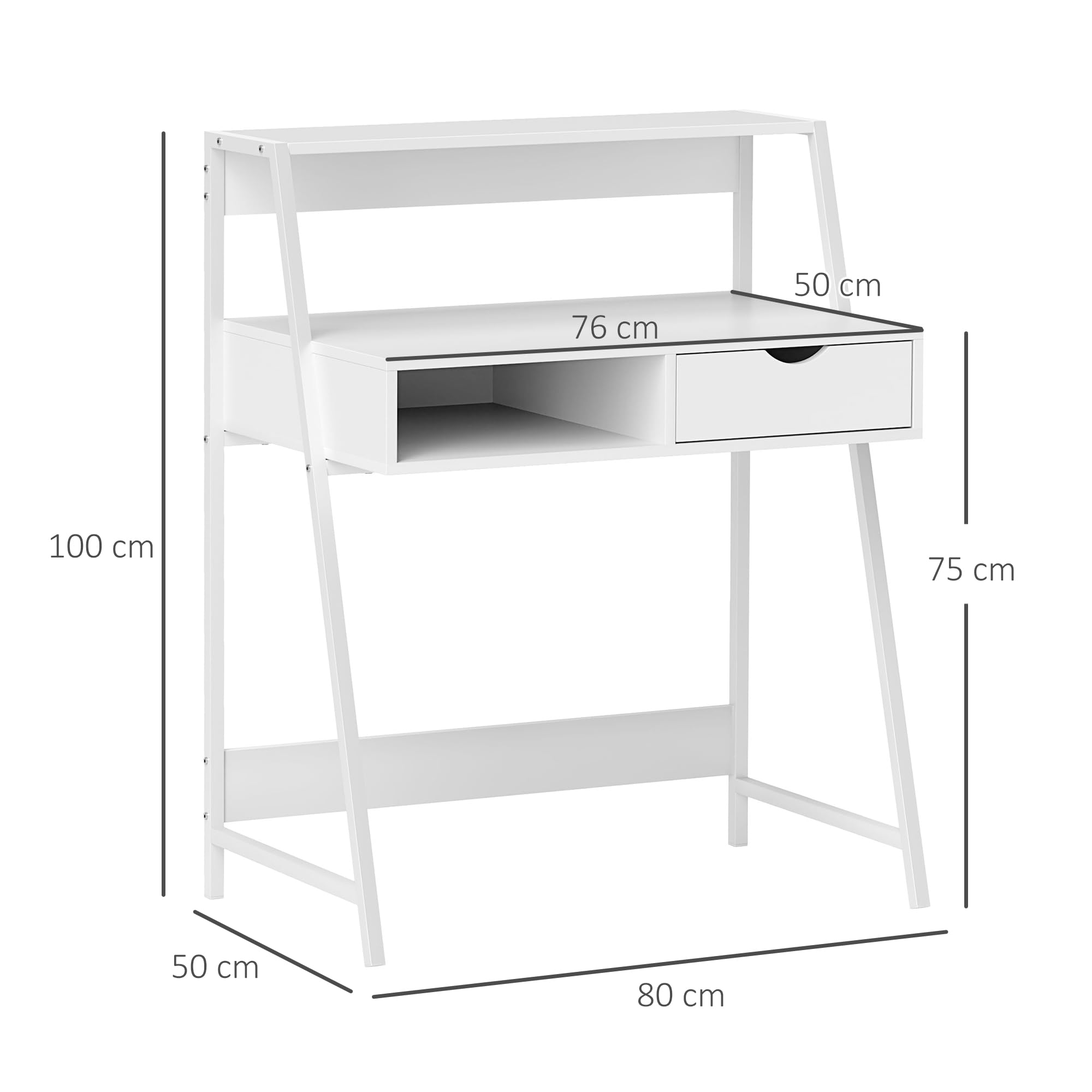 HOMCOM Sekretär-Schreibtisch, Computertisch, Retro-Stil, Schublade, Nische, Regal, Metall, Weiß