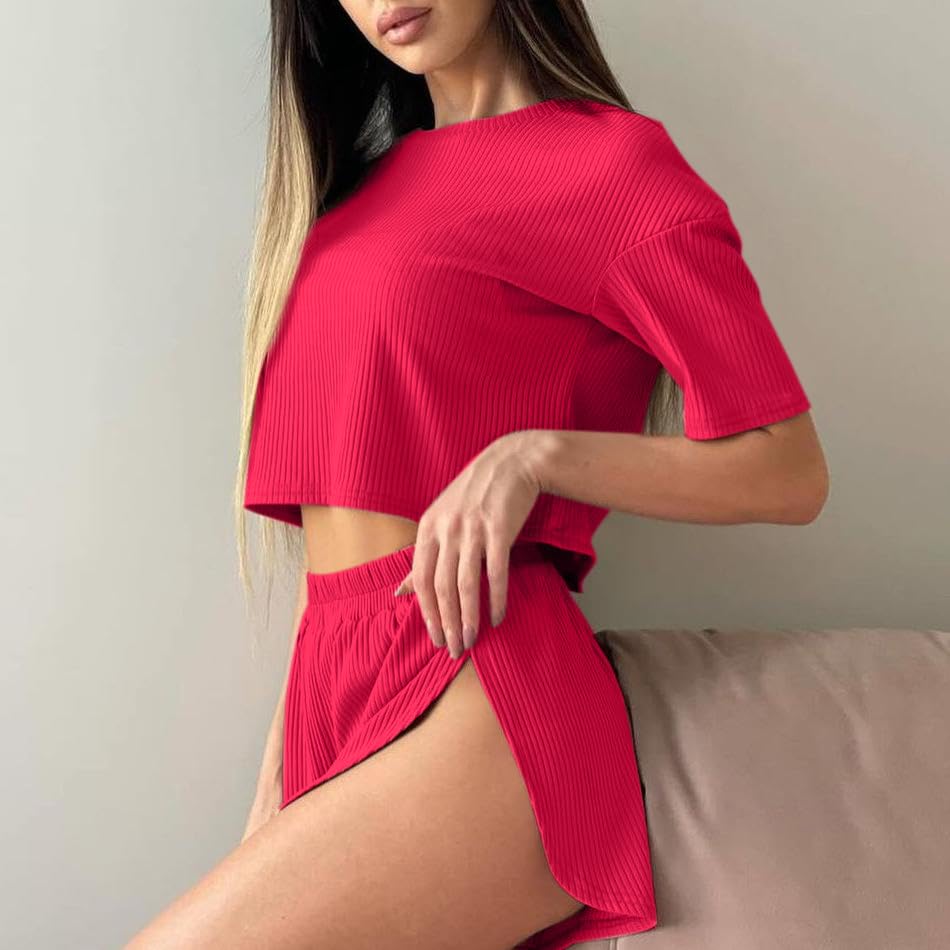 Image of Remidoo Women's Split Shorts Pajama Set Short Sleeve Tops and Shorts 2 Piece Pjs