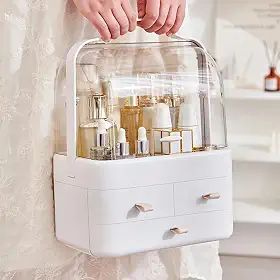 Organizador de Maquiagem com Gavetas e Tampa – Caixa de Acrílico Portátil à Prova de Poeira e Água para Cosméticos, Cômoda e Banheiro (Branca)