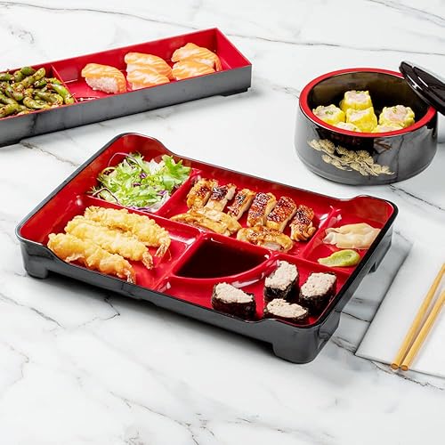 Miniatura 3 de Bento Tek - Plato Bento estilo japonés negro y rojo 5 compartimentos 14 x 9 x 2 pulgadas 1 caja