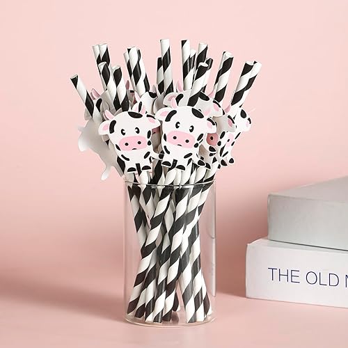 Miniatura 3 de Juego de 20 pajitas de papel biodegradables de vaca, vaca sagrada, soy uno, pajitas decorativas a rayas para fiesta de cumpleaños de vaca