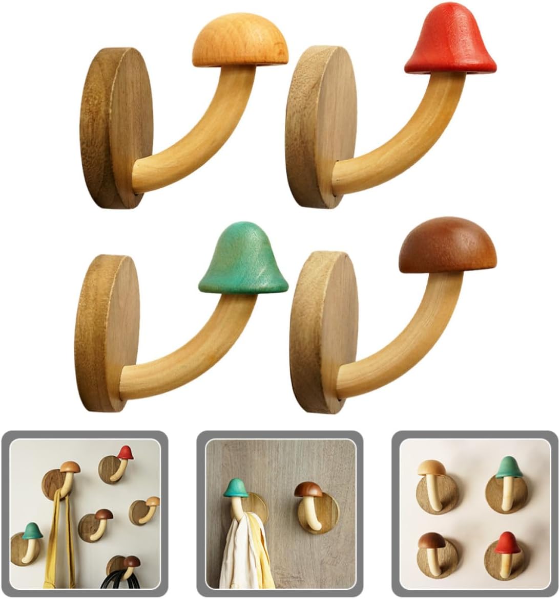 4pcs Wooden Mushroom Coat Hooks for Wall Mounted Hanging Small Items and Organizing, Modern Minimalist Design, Non-Perforated Adhesive Hooks for Bedroom and Bathroom