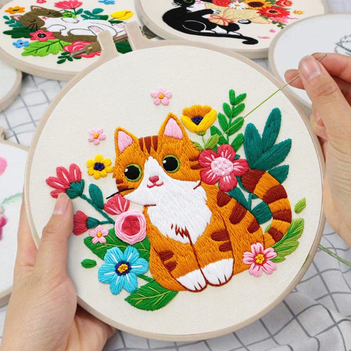 Image of Nuberlic Cat Embroidery Kit for Adults Beginners - 3 Pre-Printed Animal Patterns, Adults Starter Cross Stitch Kit DIY Needlepoint