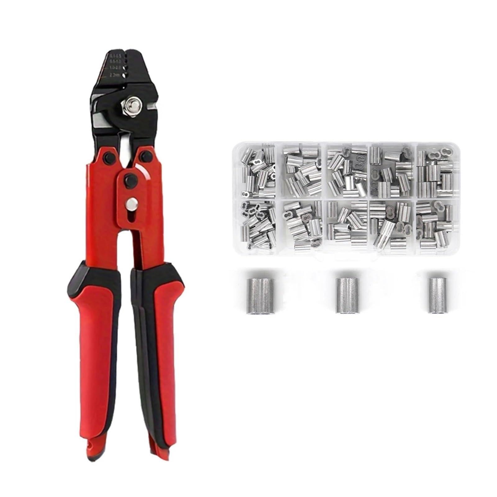 Qxbfndc Red 150Pcs Crimping Tool Up To 2.2Mm Crimping Plier Wire Rope Swager Crimper Fishing Crimp Tool Aluminum Double Barrel Ferrule Crimping Loop Sleeve Kit(Red 150Pcs)