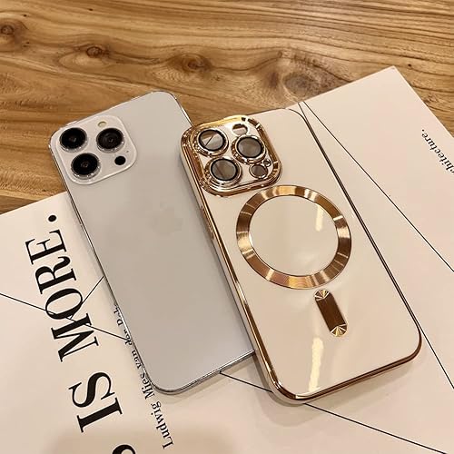 Miniatura 2 de OOK Magnatic - Funda para iPhone 15 Pro Max compatible con MagSafe protector completo de lente de cámara con borde galvanizado dorado, TPU suave, a