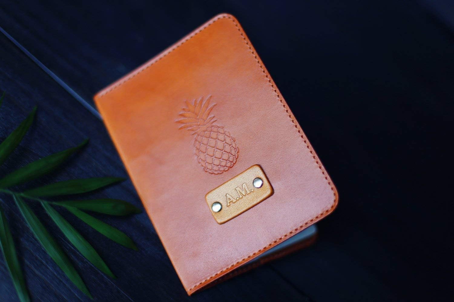 Personalized Real Leather Passport Holder, Pineapple Cover, tropical, handmade, Custom name initials