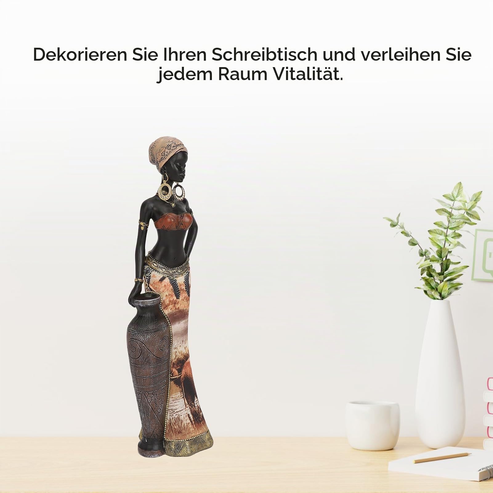 Tissting Afrikanische Deko Kunst Figur mit Hoher Vase, 32cm Harz Tribal Lady Statue Handgefertigt Afrika Weibliche Schlagzeuger Skulptur für Schreibtische Dekoration, Sammlung Geschenke(#2)