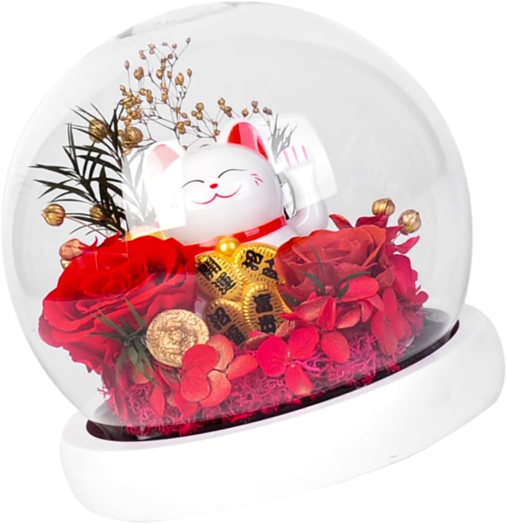 PRETYZOOM 1pc Glass Dome Eternal Flower Cat Adornment Box Romantic Preserved Rose Bouquet for Christmas Valentine Day Birthday Anniversary Decor