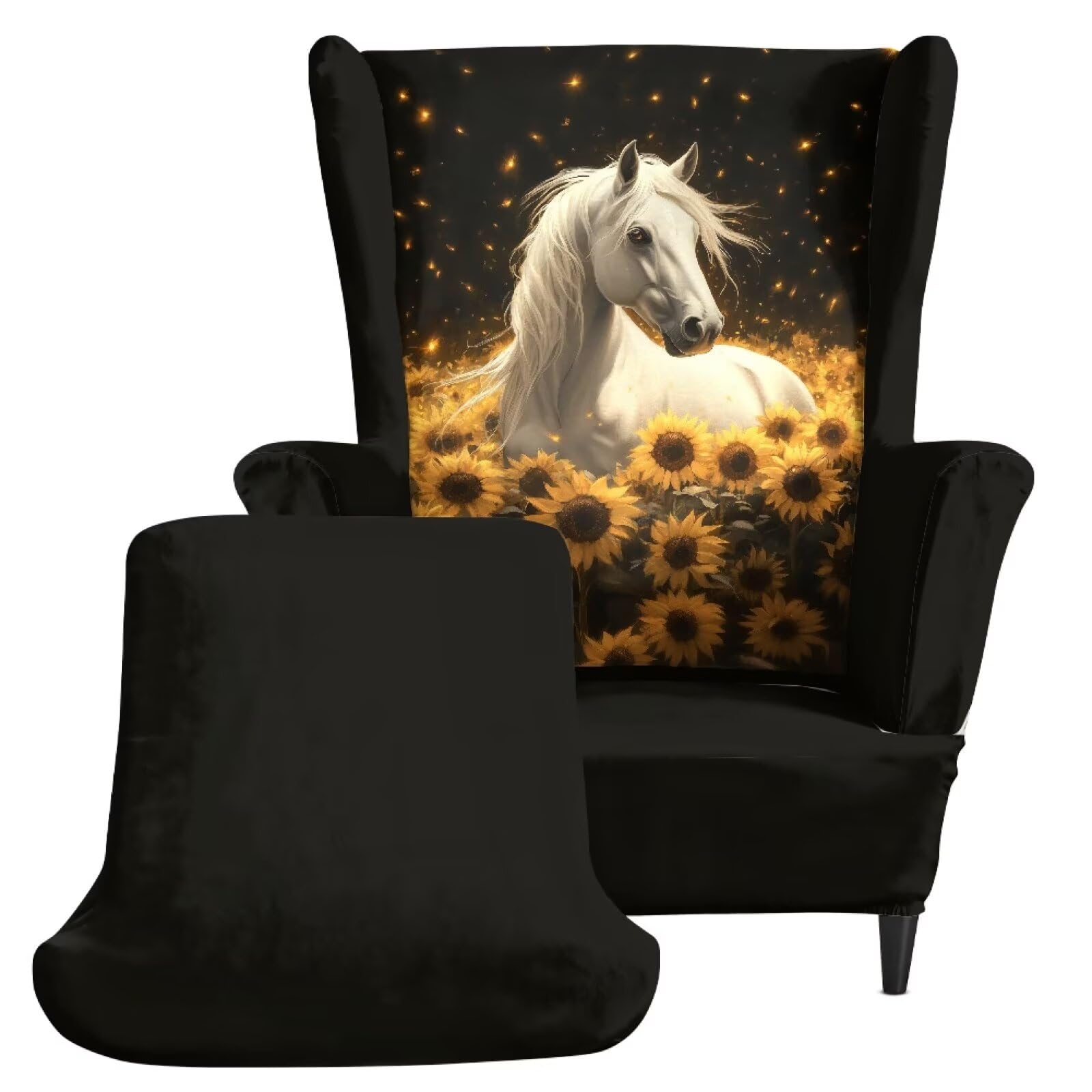 Xoenoiee Funda elástica para silla de ala con estampado de girasol y caballo, 2 piezas, fundas elásticas para sillas de respaldo alado, protector antideslizante para muebles para sala de estar