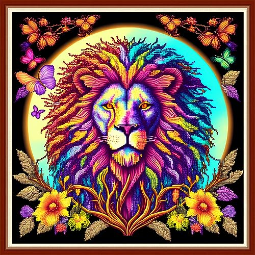 Image of Dimensean Stamped Cross Stitch Kits Full Range of Embroidery Patterns Starter Kits for Beginners Adult DIY Cross Stitches Needlepoint Kits 11CT-Colorful Lion 17.7x17.7 inch