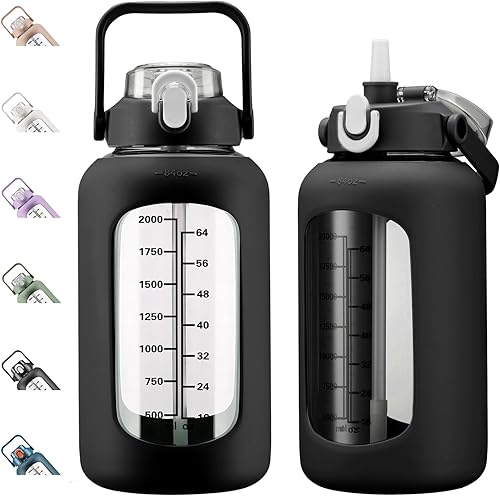 Miniatura 30 de kytffu Botellas de agua de vidrio de 64 onzas con popote, botella de vidrio motivacional de medio galón con funda de silicona y marcador de tiempo