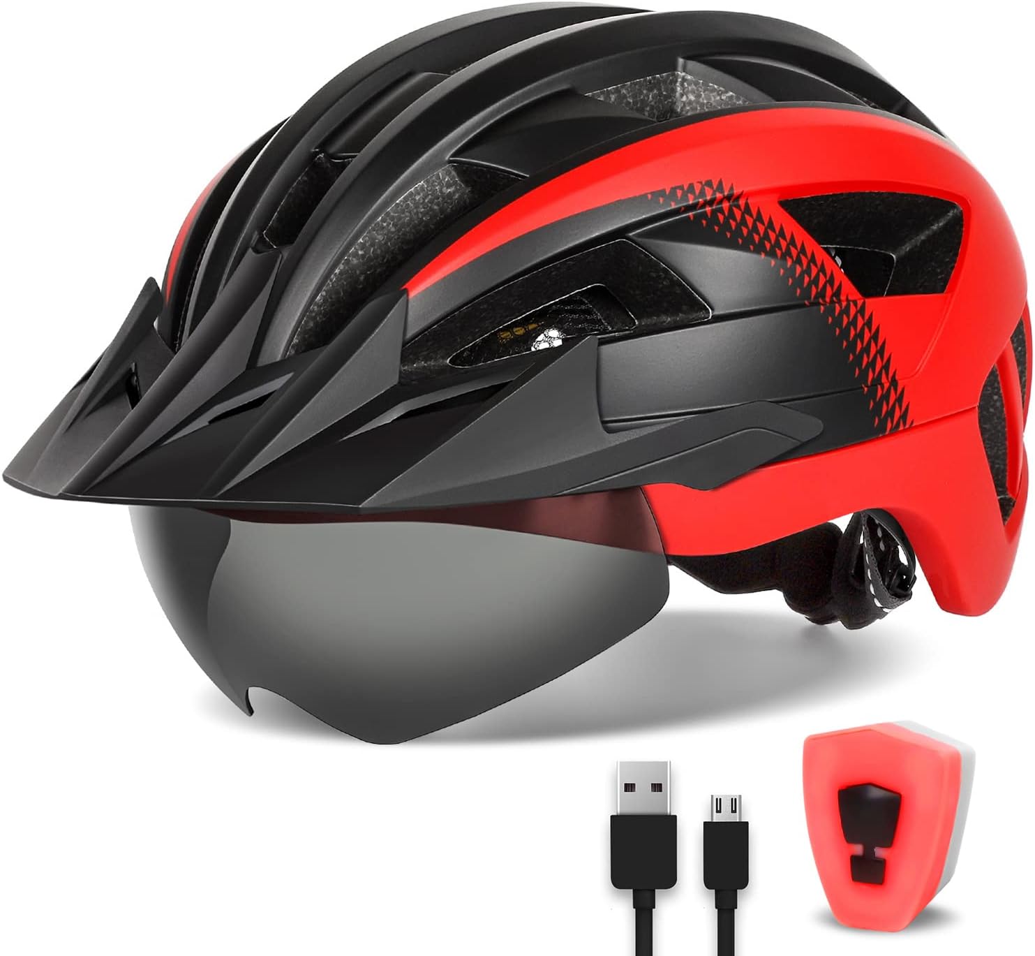 Adult Bike Helmet with Visor and Goggles for Men Women Mountain Road Bicycle Helmet Rechargeable Rear Light Cycling Helmet