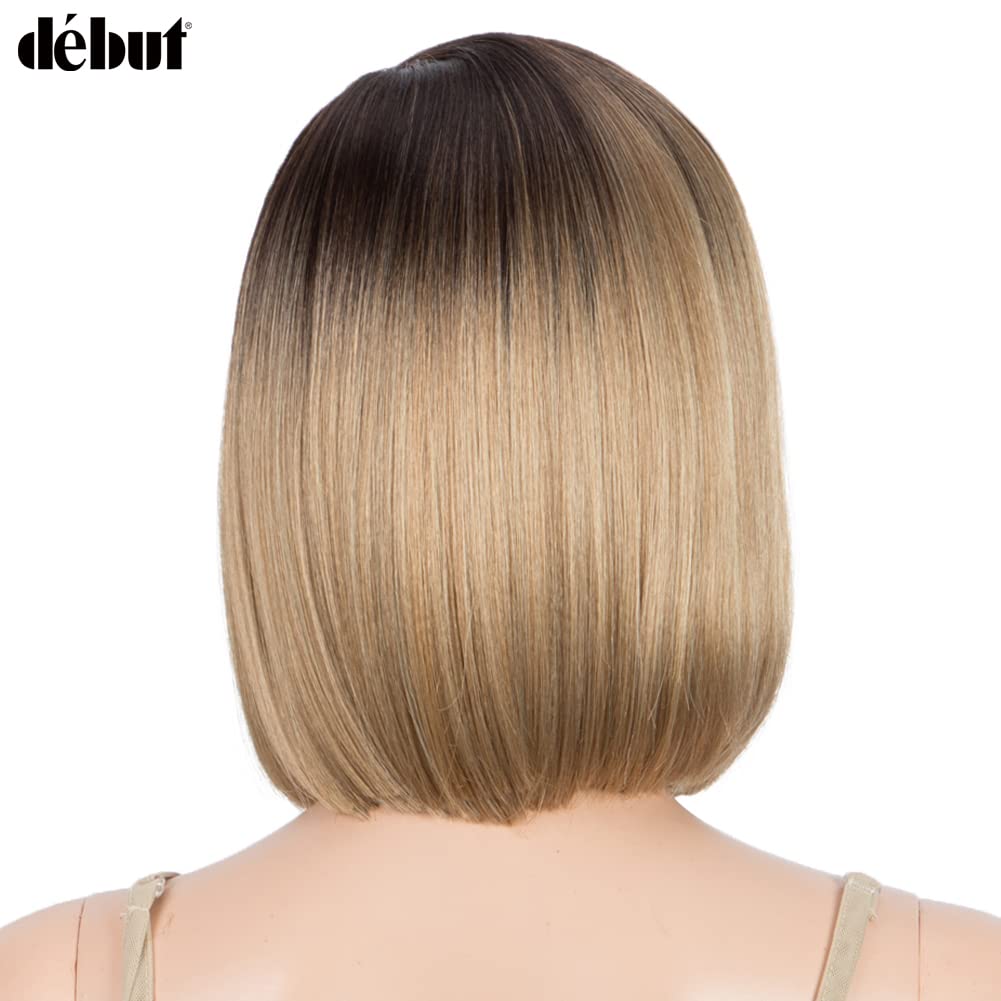 Short Bob Asymmetrical Wigs Ear to Ear Lace Front with Baby Hair Highlight Ombre Brown Blonde Simulated Scalp Lace Wig for Women Heat Resistant Fiber Synthetic Hair Side Parting Wig TT6/23C