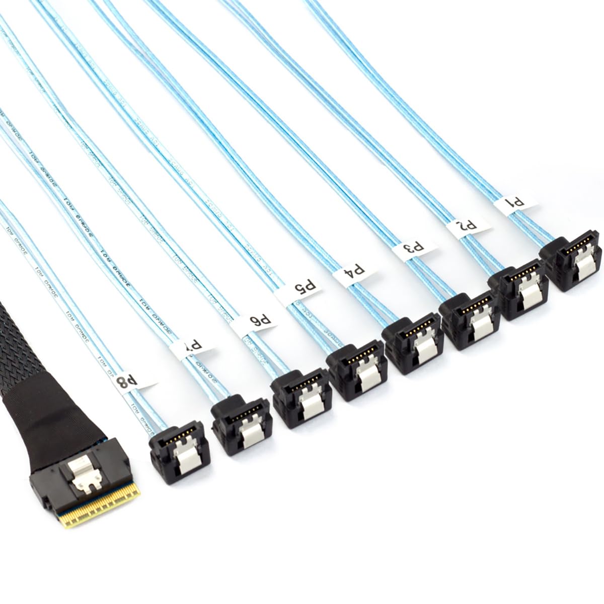 Câble PCIe Slimline SAS SFF-8654 8i vers 8* SATA 90 degrés - Câble de transfert de données pour disque dur haute vitesse 24 Gbit/s 32 AWG 8 canaux (0,5 m)