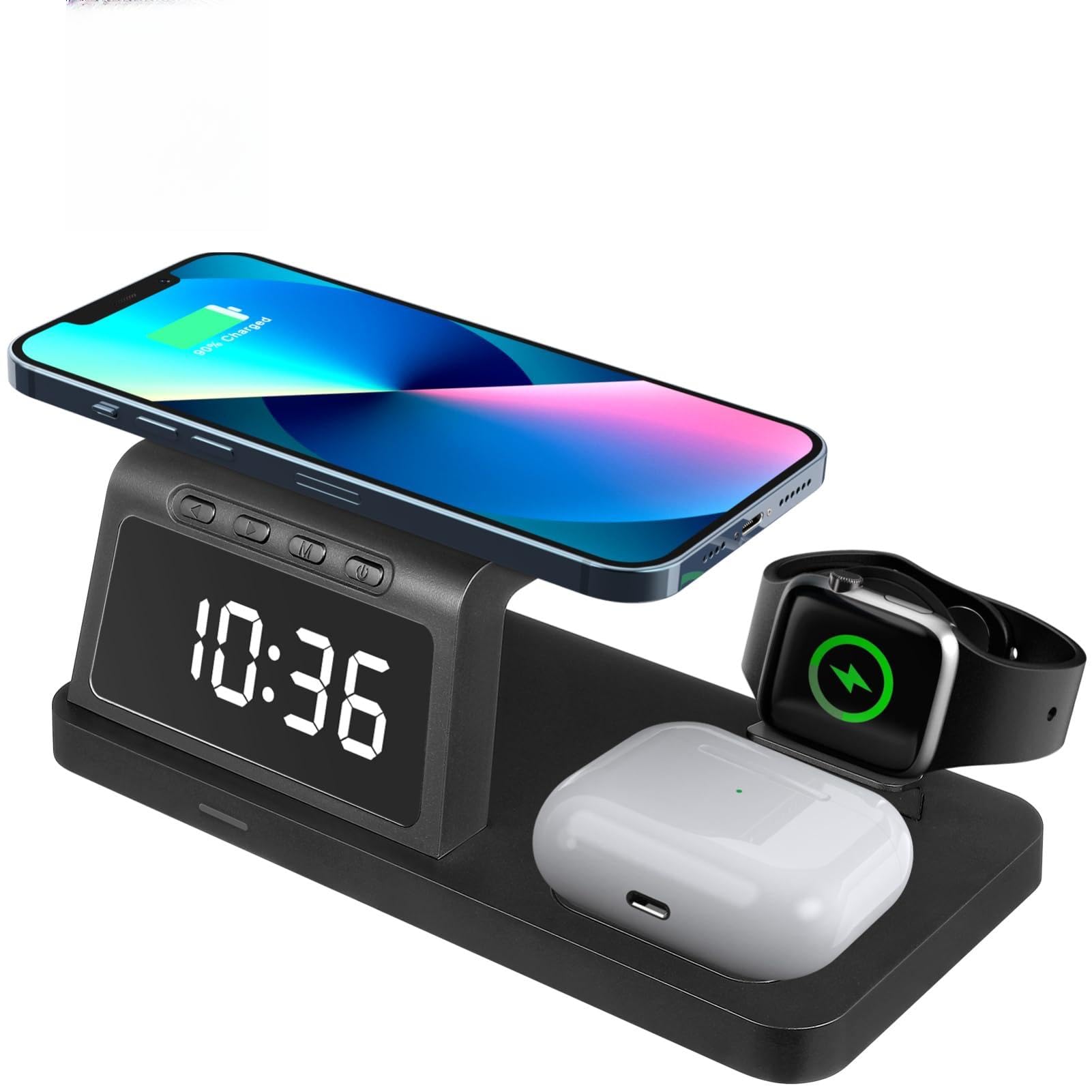 Support De Charge sans Fil pour Montre Intelligente, Téléphone Et Écouteurs avec Horloge Numérique Intégrée Et Affichage