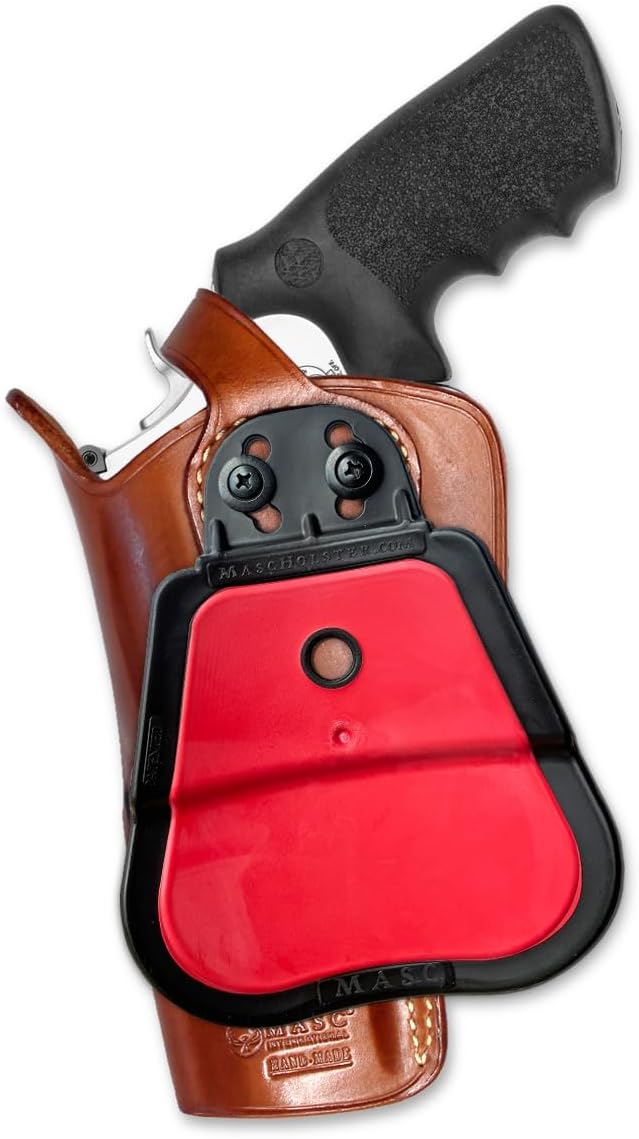 Masc OWB Leather Paddle Revolver Holster with Retention Strap, Fits 500 Magnum X-Frame 4-inch, Right Hand Draw, Brown #1433#